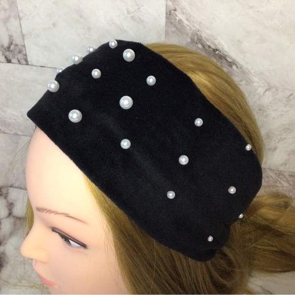 Pearl studded headband, black faux suede and white Pearl turban headband - Picture 5 of 8